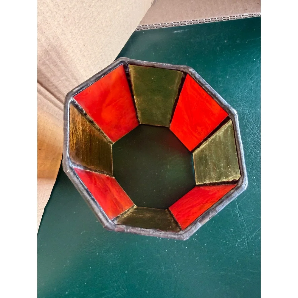 Vintage Stained Glass Octagon Candle Holder Orange Amber Slag Glass Planter